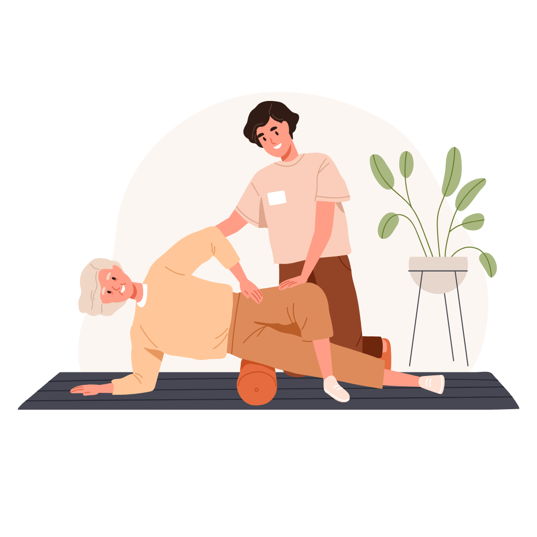 Physiotherapeutin unterstützt Patientin bei Übung mit Faszienrolle